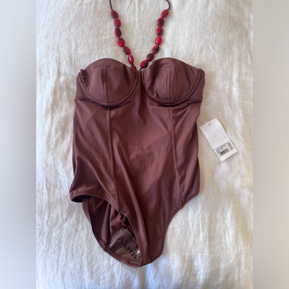 Staud Brown One Piece Swimsuit with red bead detail - Picture 1 of 4